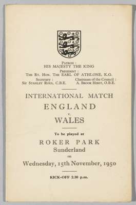 1950 England tour itinerary from the game v Wales on 15th November 1950

 Provenance: formerly the property of Eddie Bailey