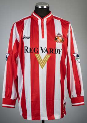 Kevin Phillips red and white striped Sunderland no.10 home jersey, season 1999-2000,
 Asics, long-sleeved with THE FA PREMIER LEAGUE sleeve badges, cl