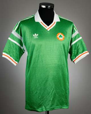Green Republic of Ireland no.12 home jersey, circa 1988,
 Adidas, short-sleeved with FA Ireland badges and Adidas logo, reverse numbered 12 shadow box