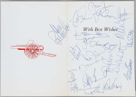 Autographed Arsenal FC card signed by the Football League Division One championship wining squad, season 1988-89,
 the Arsenal FC card with club crest