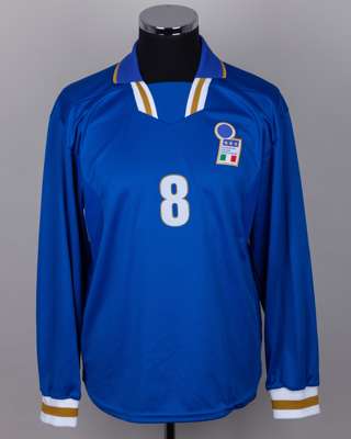 Roberto Di Matteo blue No.8 Italy v. England match worn long-sleeved shirt, 1997