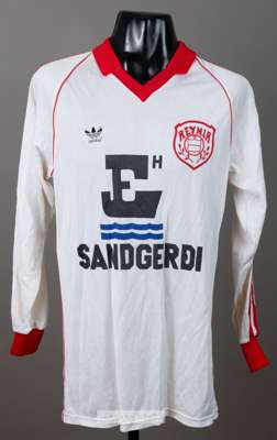 White and red Reynir Sandgeroi no.4 jersey, circa 1980s,
 Adidas, long-sleeved with club crest and sponsor logo, reverse numbered 4