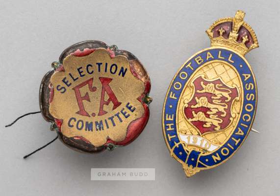 The Football Association Selection Committee badge originally issued to Charles James Hughes (1853-1916),
 the rare badge with red and blue enamel on 