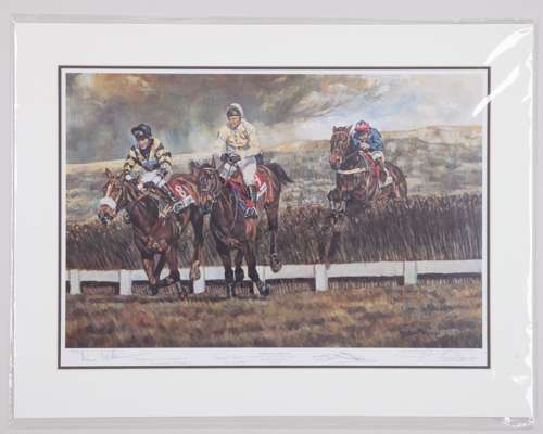 Three autographed horse racing prints by David Dent (British, b.1959)
