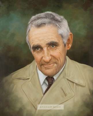 An oil on canvas portrait of  the jockey and racehorse trainer Stan Mellor MBE, 
 unsigned by the artist, featuring Mellor during his training career,