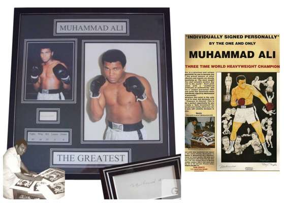 Boxing: Muhammad Ali signed & framed display,
 made up of action images, engraved plaques with pencil autograph cropped from a Limited Edition Paddy M