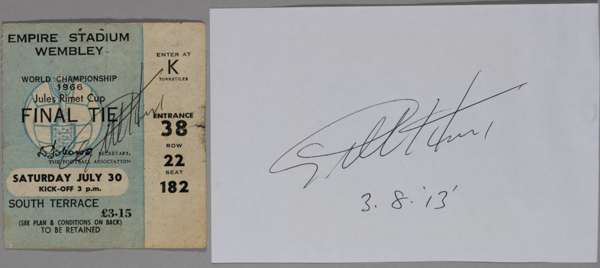 A 1966 World Cup Final ticket stub, autographed by Geoff Hurst, 
 and a piece of plain white paper autographed by Geoff Hurst (2)

 Ticket with signs 