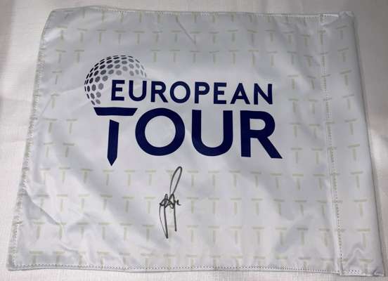 Justin Rose signed 2021 European Tour Golf Flag & 2021 European Tour Cap,
 with COA and photo proof, (2)