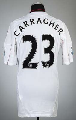 Jamie Carragher white Liverpool no.23 away jersey, season 2010-11,
 Adidas, short-sleeved with BARCLAYS PREMIER LEAGUE sleeve badges, club crest and s
