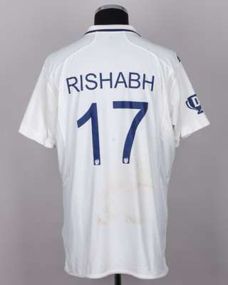 Rishabh Pant white and navy No.17 India v. England match worn, autographed Red For Ruth shirt