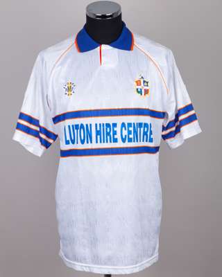 White and blue No.8 Luton Town short-sleeved shirt, 1992-93