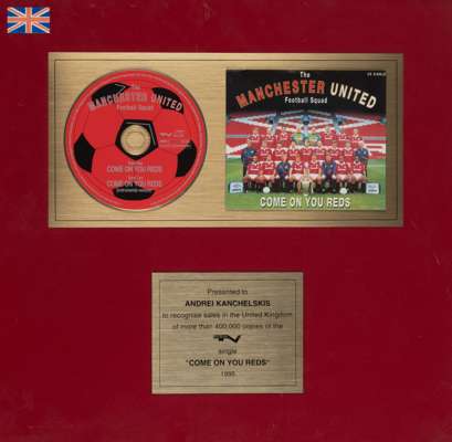 Manchester United framed "Come On You Reds" cd display, circa 1995
 mounted with cd cover above engraved plaque PRESENTED TO ANDREI KANCHELSKIS in rec