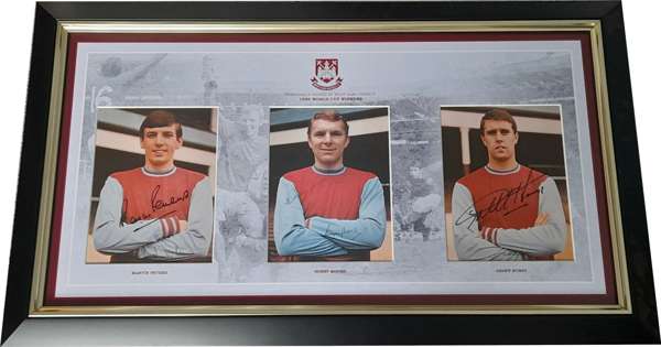 West Ham United and England 1966 World Cup winners Bobby Moore, Geoff Hurst and Martin Peters autographed, mounted & framed display, 
 Features three 
