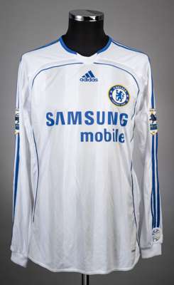 Andriy Shevchenko white and blue No.7 Chelsea long-sleeved jersey, 2006-07, 
 Adidas, L, 3rd kit, with crew-neck collar and embroidered cloth badge in