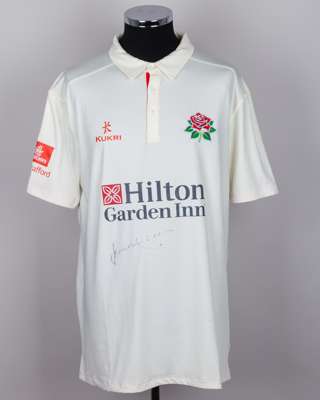 James Anderson match worn signed white Lancashire County Cricket Club short-sleeved shirt