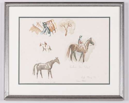 Three framed horse racing artworks
