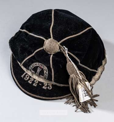 Neath Grammar School 1922-23 representative cap awarded to the Welsh Schoolboys' International and future Neath RFC player Griff Bevan,
 black velvet 