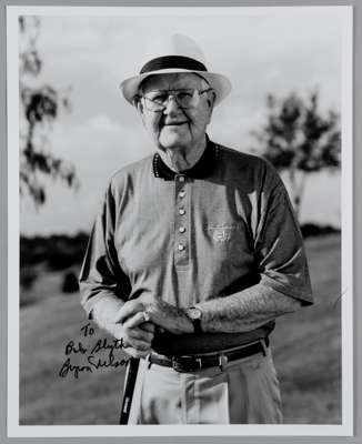 Byron Nelson 1937 & 1942 Masters Champion and 1939 U.S Open golf champion original autographed b&w photograph,
 10 by 8in., depicting Nelson three-qua