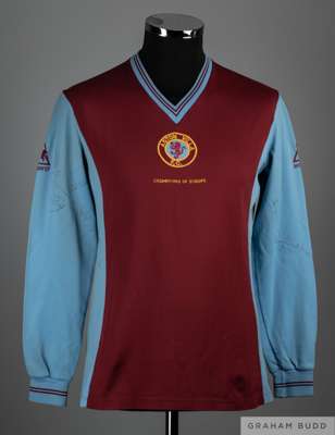 Des Bremner claret and blue No.7 Aston Villa long-sleeved shirt, 1982, 
 Le Coq Sportif, M, with v-neck collar and embroidered badge inscribed ASTON V