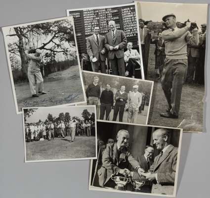Collection of b&w photographs relating to the golfer Tom Haliburton,
 including a signed photograph of Tom Haliburton taking a swing, team and action 