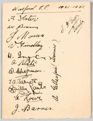 Watford FC autograph album page, 1932-33,
 signed in black ink on one side of album page, autographs include Chapman, Blake, Barnes, Barnett, Findlay,