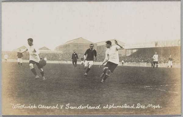 Woolwich Arsenal v Sunderland at Plumstead, 1st December 1906,
 featuring match action, reverse bearing pencil annotation, 9 by 14cm.