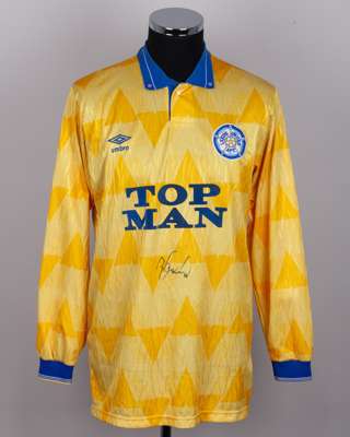 Gary Speed yellow and blue No.11 Leeds United match worn long-sleeved shirt, 1990