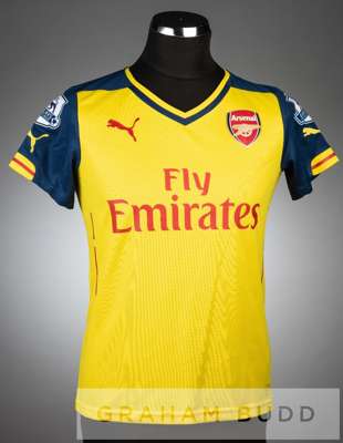 Jack Wilshere signed yellow and navy Arsenal no.10 away jersey, season 2014-15,
 short-sleeved with BARCLAYS PREMIER LEAGUE sleeve badges, club crest 