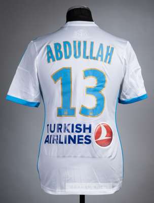 Rafidin Abdullah white Olympique de Marseille No.13 home jersey, season 2013-14,
 Adidas, short-sleeved with LIGUE 1 sleeve badge, club crest, Adidas 