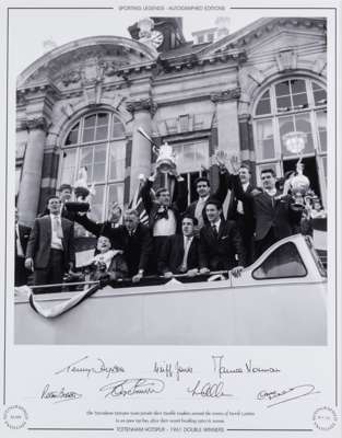 Sporting Legends Tottenham Hotspur 1961 Double Winners signed b & w photographic print,
 featuring the team parade on the bus top around the street of