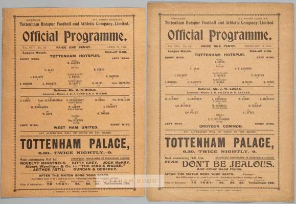 Two Tottenham Hotspur wartime match programme v Croydon Common and v West Ham United,
 comprising v Croydon Common 12th February 1916 and v West Ham U