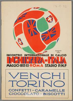 Italy v England international programme played at the National Stadium, Rome, 13th May 1933,
 24-page with outer pictorial covers, very good condition