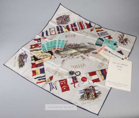 1960 Rome Olympic Games silk scarf, enamel badges and memorabilia, 
 67 by 67cm. the centre illustrated with a pictorial image of the Olympic stadium 