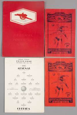 Ten Arsenal 1930s home programmes,
 FL Division One unless otherwise stated, comprising: Aston Villa 8th November 1930, Grimsby Town 28th January 1931