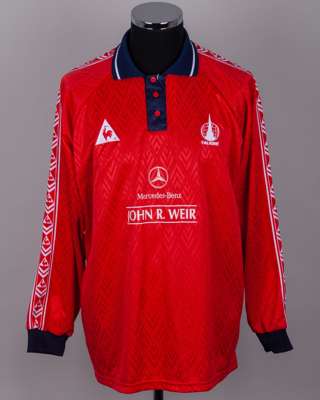 Kevin McAllister red and blue No.7 Falkirk long-sleeved shirt, 1998-99