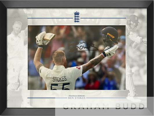 Cricket: Ben Stokes signed framed photograph display shown celebrating his Century during play on the 5th day of the second Ashes cricket Test match,
