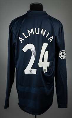 Manuel Almunia signed navy Arsenal UEFA Champions League no.24 goalkeeping home jersey, season 2007-08, 
 match issue, Nike, long-sleeved with UEFA ST