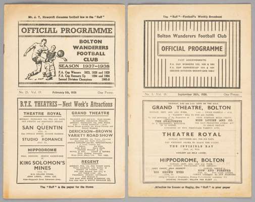 Two Bolton Wanderers 1930s home programmes,

FL Division One fixtures v Sunderland 26th September 1936 and Wolverhampton Wanderers 5th February 1938
