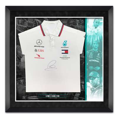 Formula 1 Lewis Hamilton seven times World Champion signed & framed Mercedes AMG Petronas shirt, 
 set upon mountboard with images and text befitting 