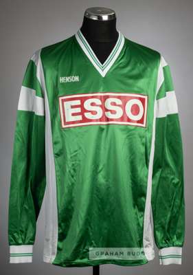 Icelandic green and white Volsungur Husavik no.15 jersey, circa 1990s,
 Henson, long-sleeved with ESSO sponsor logo, reverse numbered 15
