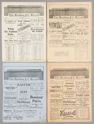 Four Reading home programmes dating between 1928 and 1930,
 F.L. Division Two fixtures, v Barnsley 7th April 1928, Portsmouth 28th September 1929 and 
