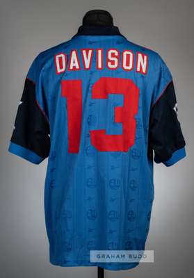 Aiden Davison blue Bolton Wanderers No.13 away jersey season 1995-96,
 Reebok, short-sleeved, Premier League badges, the reverse lettered DAVISON. Cur