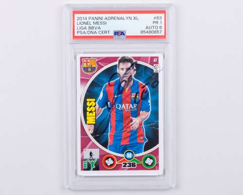 Lionel Messi autographed Barcelona Panini No.63 Adrenalyn XL PSA graded trading card, 2014-15
