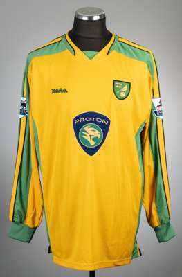 Keith Briggs yellow and green Norwich City no.2 home jersey, season 2003-04,
 Xara, long-sleeved with BARCLAYS PREMIERSHIP sleeve badges, club crest a