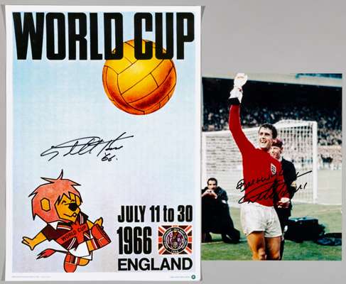 Geoff Hurst signed World Cup 1966 reproduction poster,
 22 by 16in., includes signed photograph 16 by 12in. of Geoff Hurst holding the World Cup troph