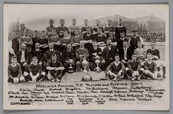 Woolwich Arsenal 1906-07 rare original sepia photographic football postcard,
 published in Plumstead, London, 1906, depicting the Woolwich Arsenal 190