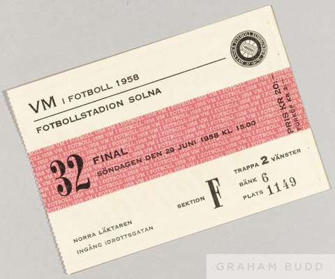 Ticket for the 1958 World Cup Final in Stockholm Sweden v Brazil 29th June 1958