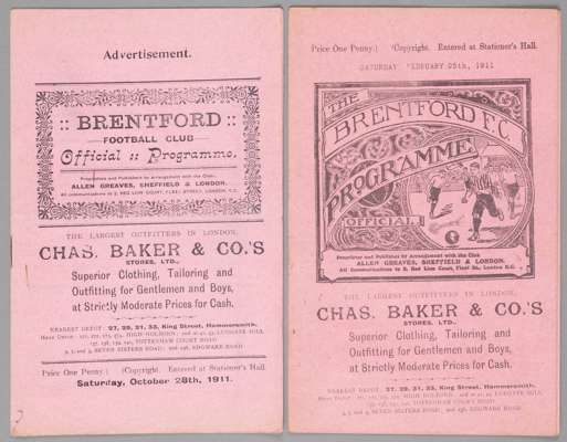 Two Brentford home programmes, 

Southern F.L. Division One fixtures v Plymouth Argyle 25th February 1911 and Bristol Rovers 28th October 1911, (2), w