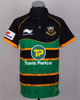 Black and green autographed Northampton Saints replica short-sleeved rugby shirt, 2012-13