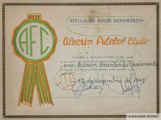 A certificate presented to Pelé in 1971 by Brazilian football team Alecrim FC, 
 bestowing the title of honorary team member. Alecrim FC is based in N